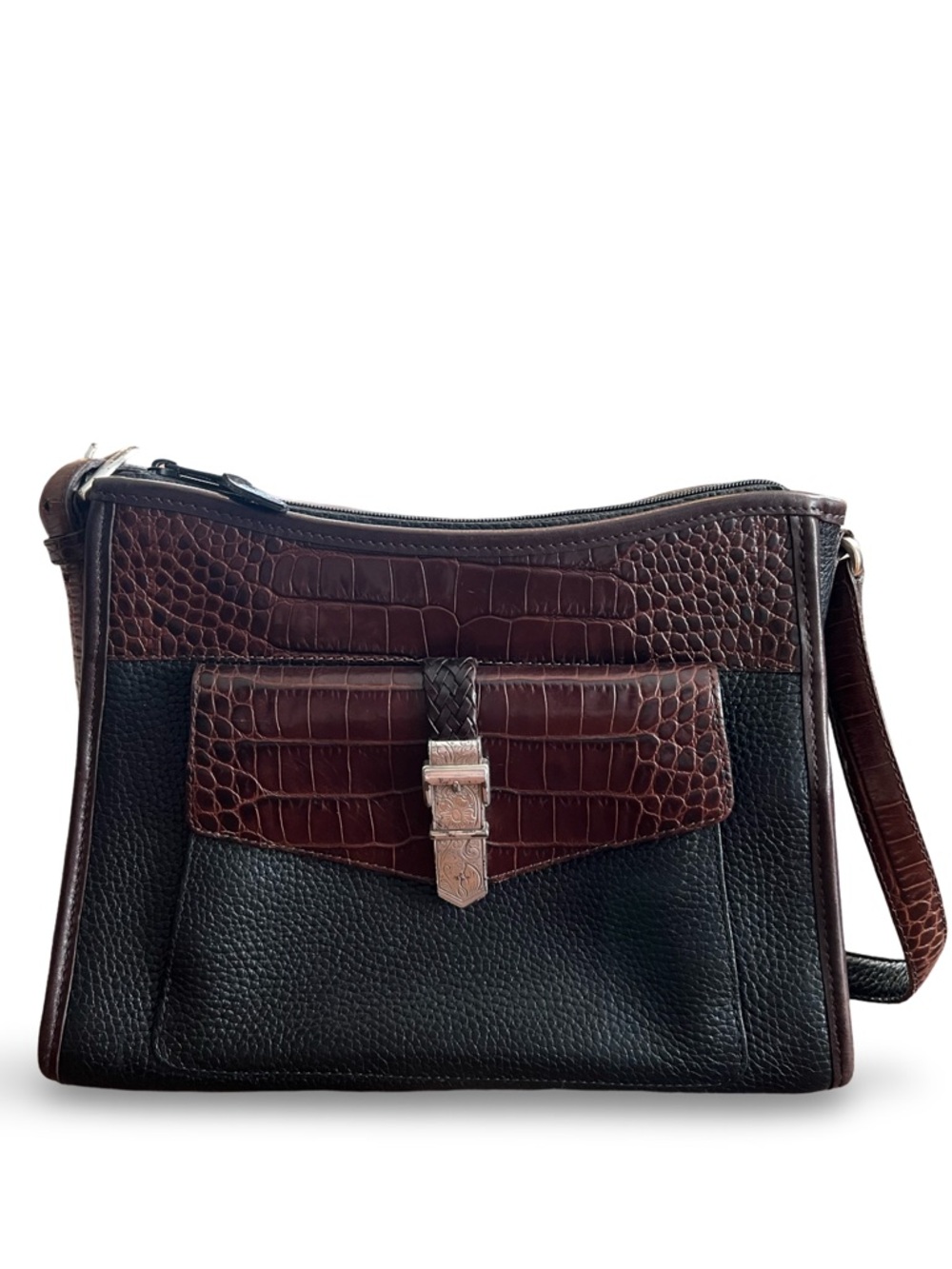 Brighton Collection Buckle Shoulder Bag Black and Tan with Croc Embossed Accents